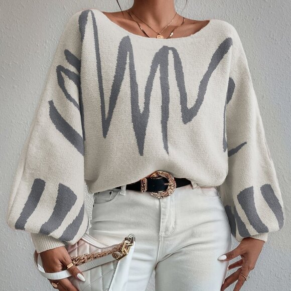 Multicolor Casual Women's Graphic Pattern Lantern Sleeve Sweater - Picture 7 of 7